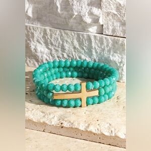Layered Cross And Glass Bead Stretch Bracelet